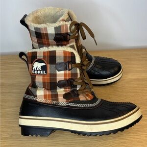 Sorel Tivoli Plaid Duck Winter Orange and Brown Waterproof Boots Woman’s 9